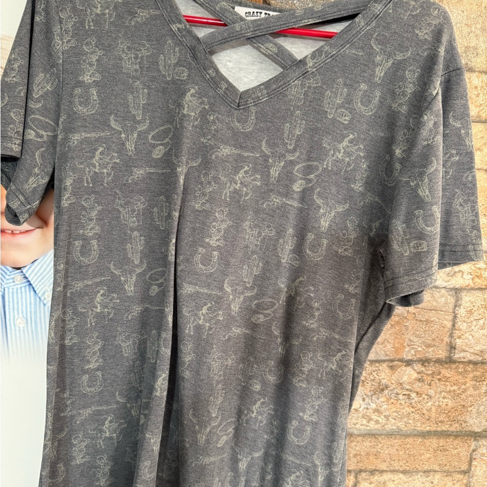 Crazy Train Gray Western Graphic V-Neck Tee